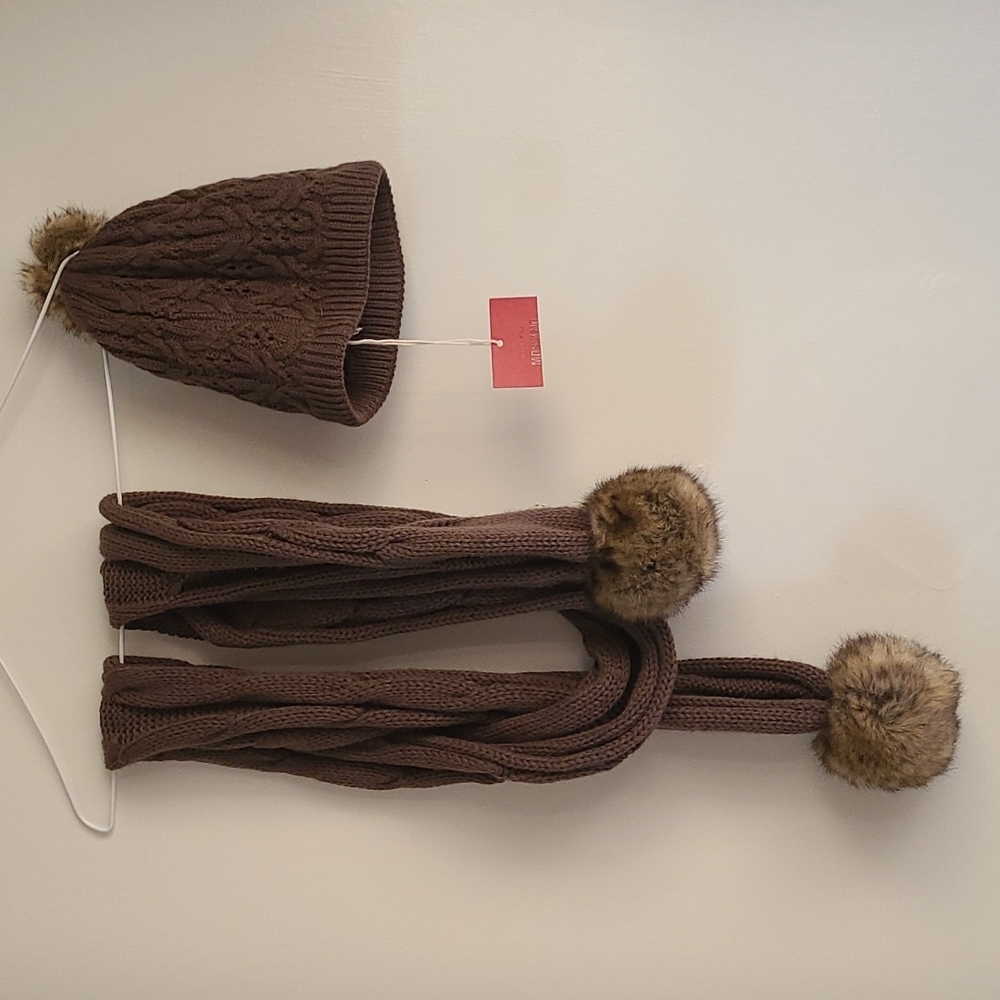 Brown Mossimo Beanie and Scarf Set w/ faux fur pom-poms